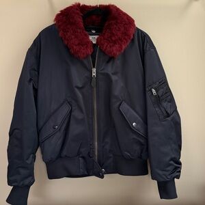 Coach Navy Bomber Jacket with Removable Red Faux Fur Collar